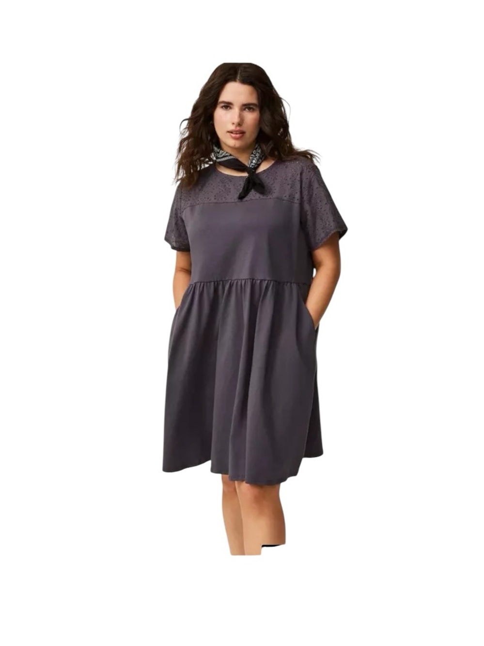 Torrid Dark Gray Mini Eyelet Yoke Dress babydoll Short Sleeve Minimalist 3/3X